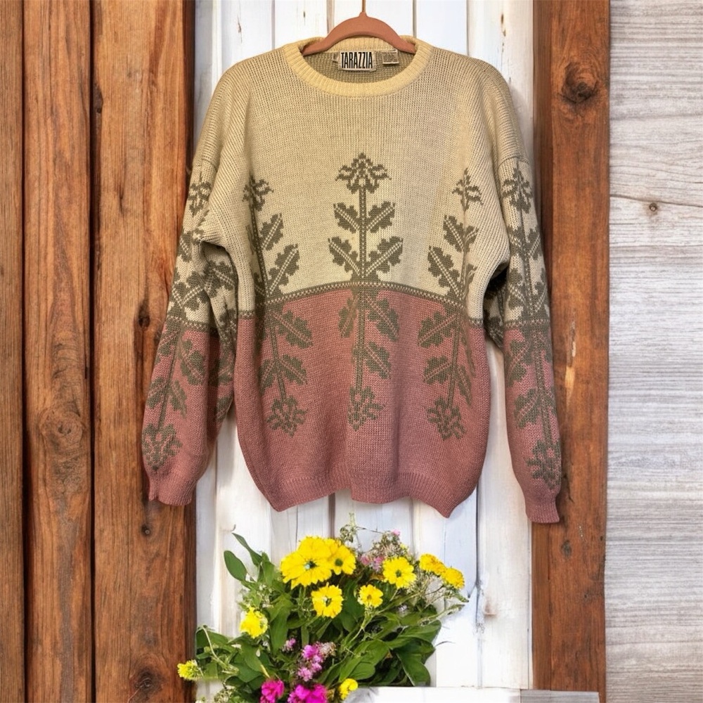 Women's Vintage 80s Tarazzia Beige and Pink Sweater